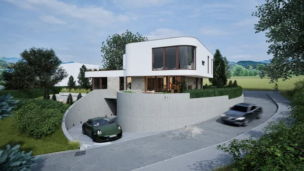 Večerní osvětlení interiéru prosvítající do zahrady